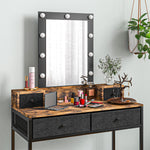 Coiffeuse table de maquillage miroir LED réglable intégré - pied en métal noir - 4 tiroirs en tissu - Aspect bois foncé