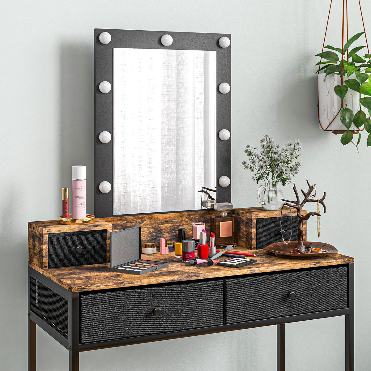 Coiffeuse table de maquillage miroir LED réglable intégré - pied en métal noir - 4 tiroirs en tissu - Aspect bois foncé