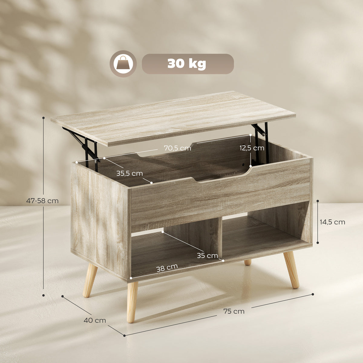 Mesa de centro elevable, mesa de salón con compartimento oculto y estantes abiertos, 75 x 40 x 58 cm, madera natural