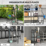 Organiseur d'outils de jardin, support à outils de jardin 54 emplacements 5 crochets en acier sur roues 3 niveaux noir