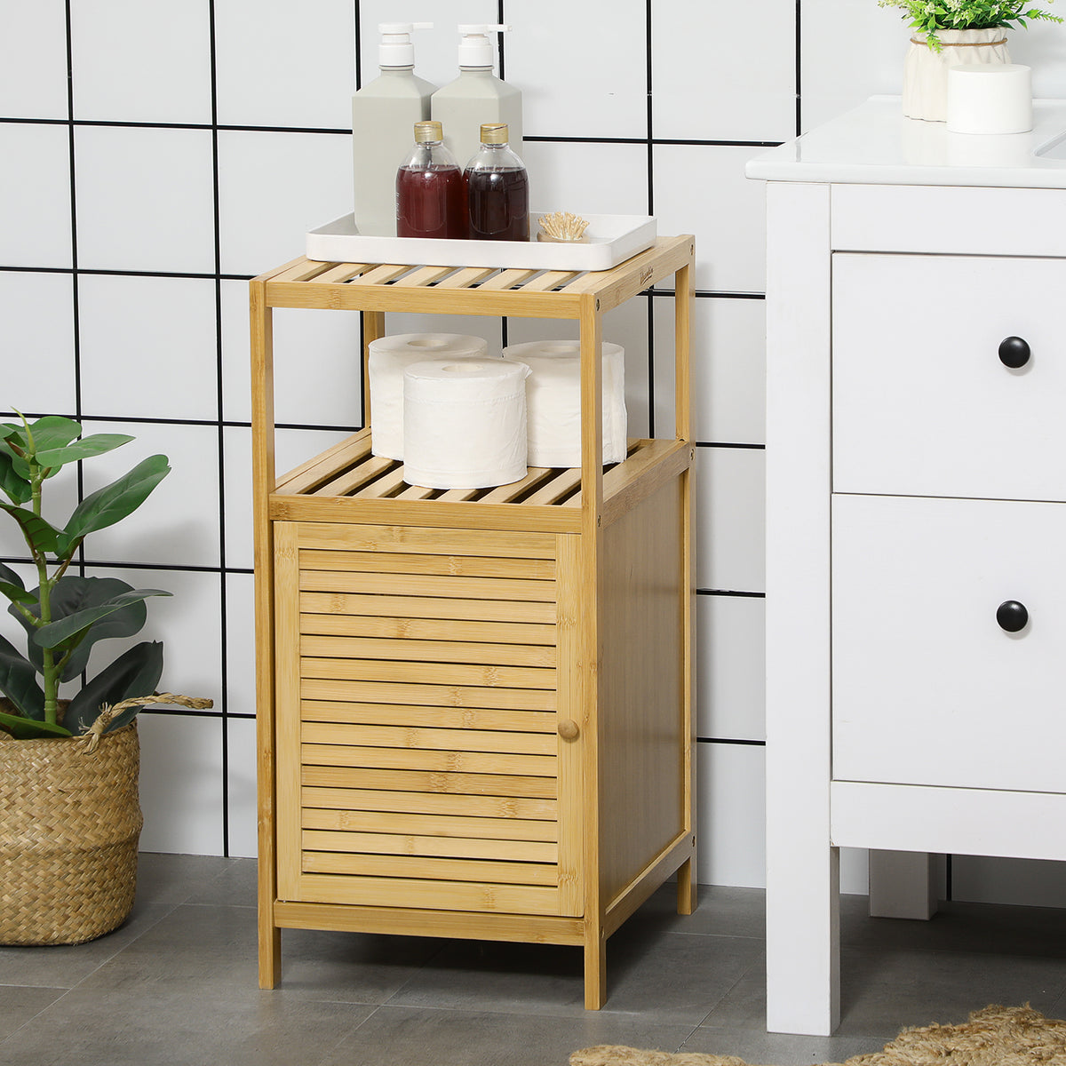 Meuble de rangement pour salle de bain en bambou 2 étagères et 1 placard avec porte 33 x 36,5 x 67 cm naturel