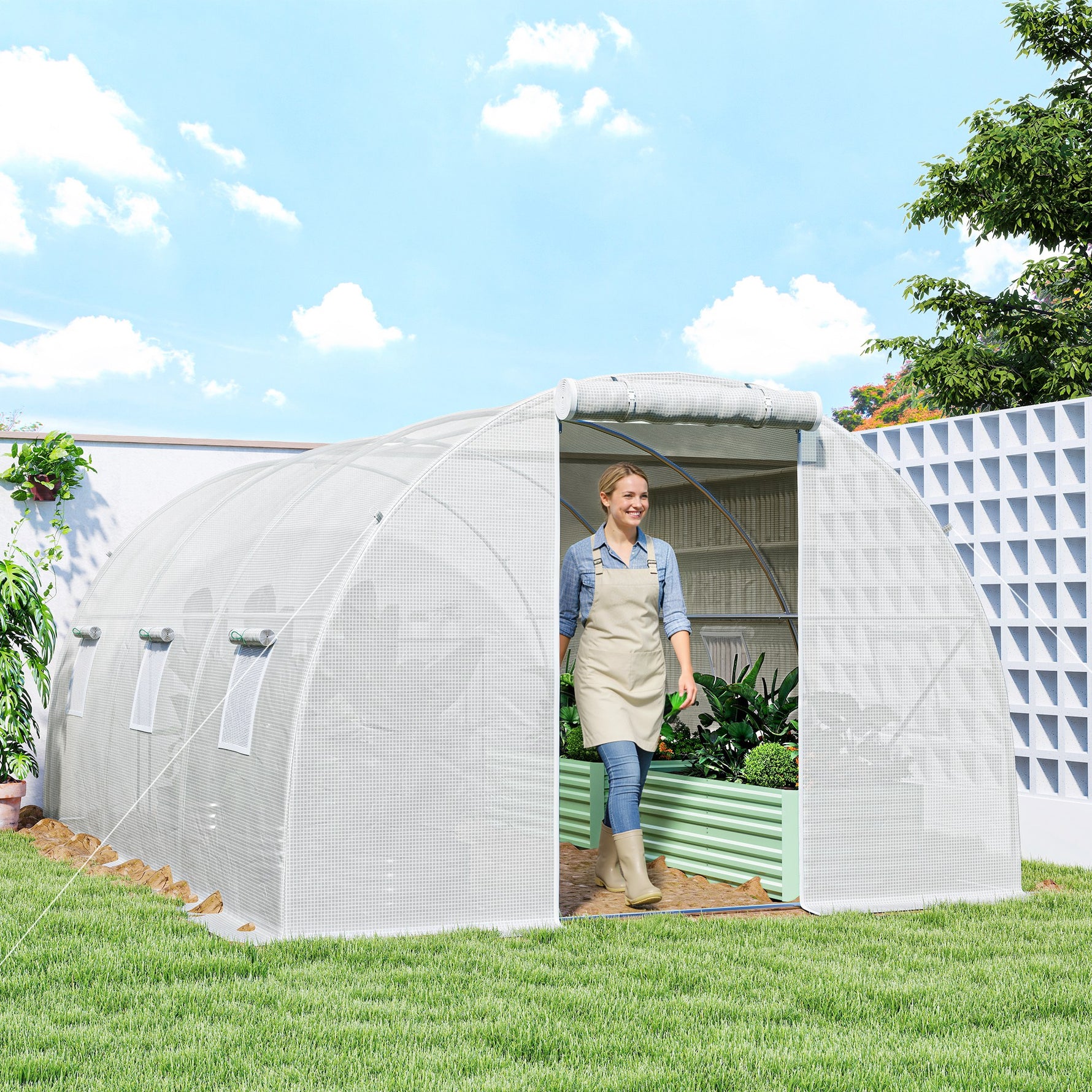 Serre de jardin tunnel 13,5 m² 6 fenêtres, porte zippée enroulable châssis acier galvanisé, bâche PE 4,5 x 3 x 2 m blanc