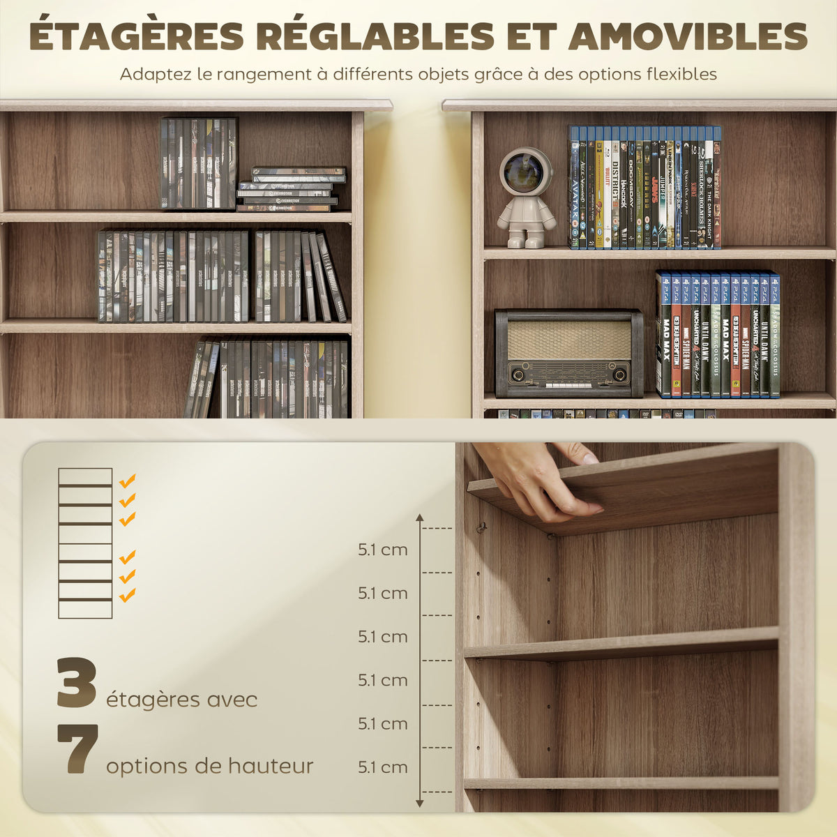 Rangements pour CD et DVD avec 8 compartiments et 6 étagères réglables, capacité max. 360 CD/185 DVD et Blu-ray, naturel