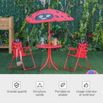 Ensemble Salon de Jardin Enfant 4 pcs Design Coccinelle - Table Ronde + 2 chaises Pliables + Parasol - métal époxy Oxford Rouge