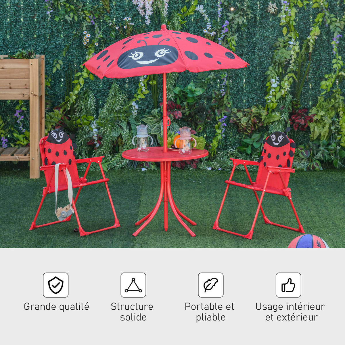 Ensemble Salon de Jardin Enfant 4 pcs Design Coccinelle - Table Ronde + 2 chaises Pliables + Parasol - métal époxy Oxford Rouge