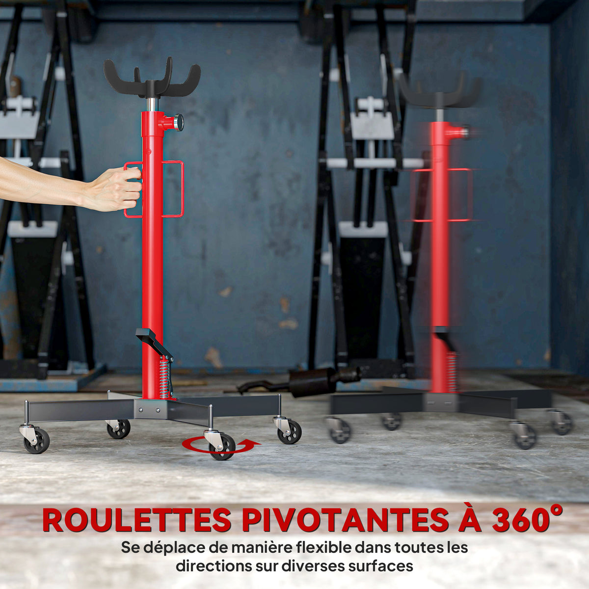 Vérin de fosse hydraulique, cric de levage 500 kg, avec roues pivotantes et pédale, acier, 58 x 58 x 110-191,5 cm rouge