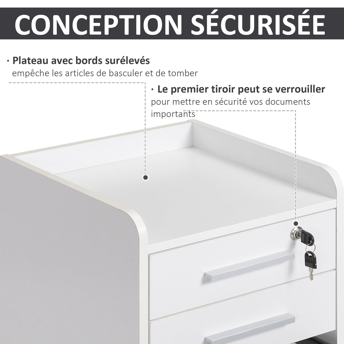 Caisson de bureau rangement bureau sur roulettes 3 tiroirs 1 verrouillable 1 trieur dossiers en bois blanc