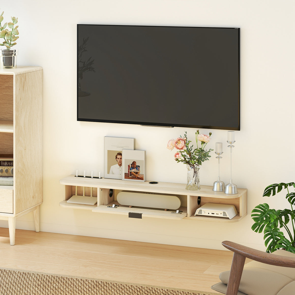 Meuble TV suspendu, meuble télé pour téléviseur jusqu'à 50 pouces, tiroir rabattable 2 étagères 120x24x16cm bois naturel