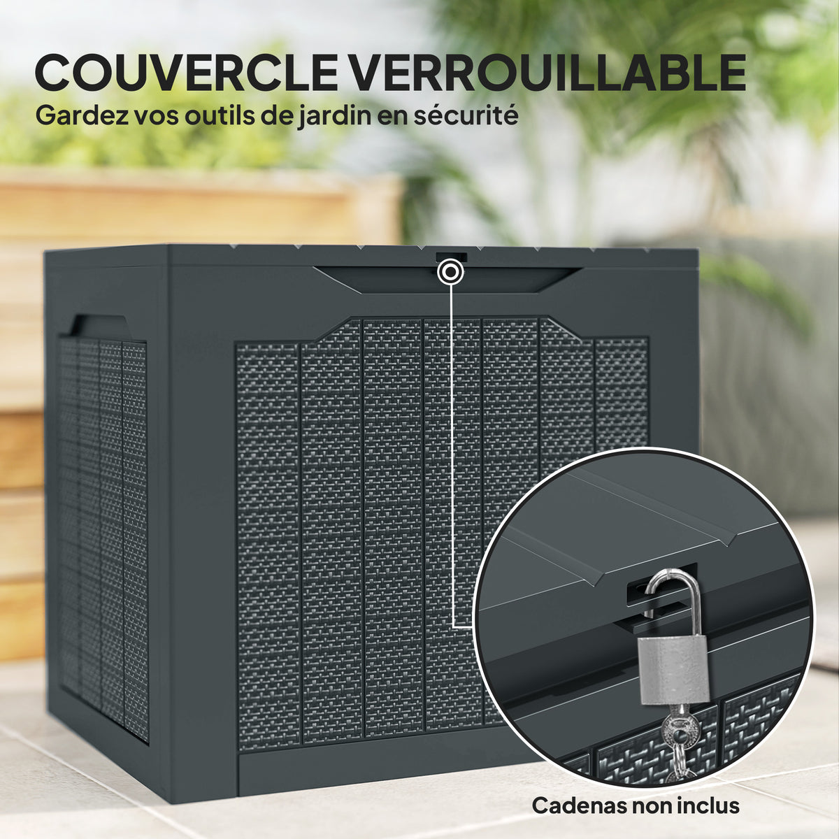Coffre de rangement extérieur 97L avec poignées encastrées, malle de rangement extérieur étanche 56x41x50cm, gris foncé